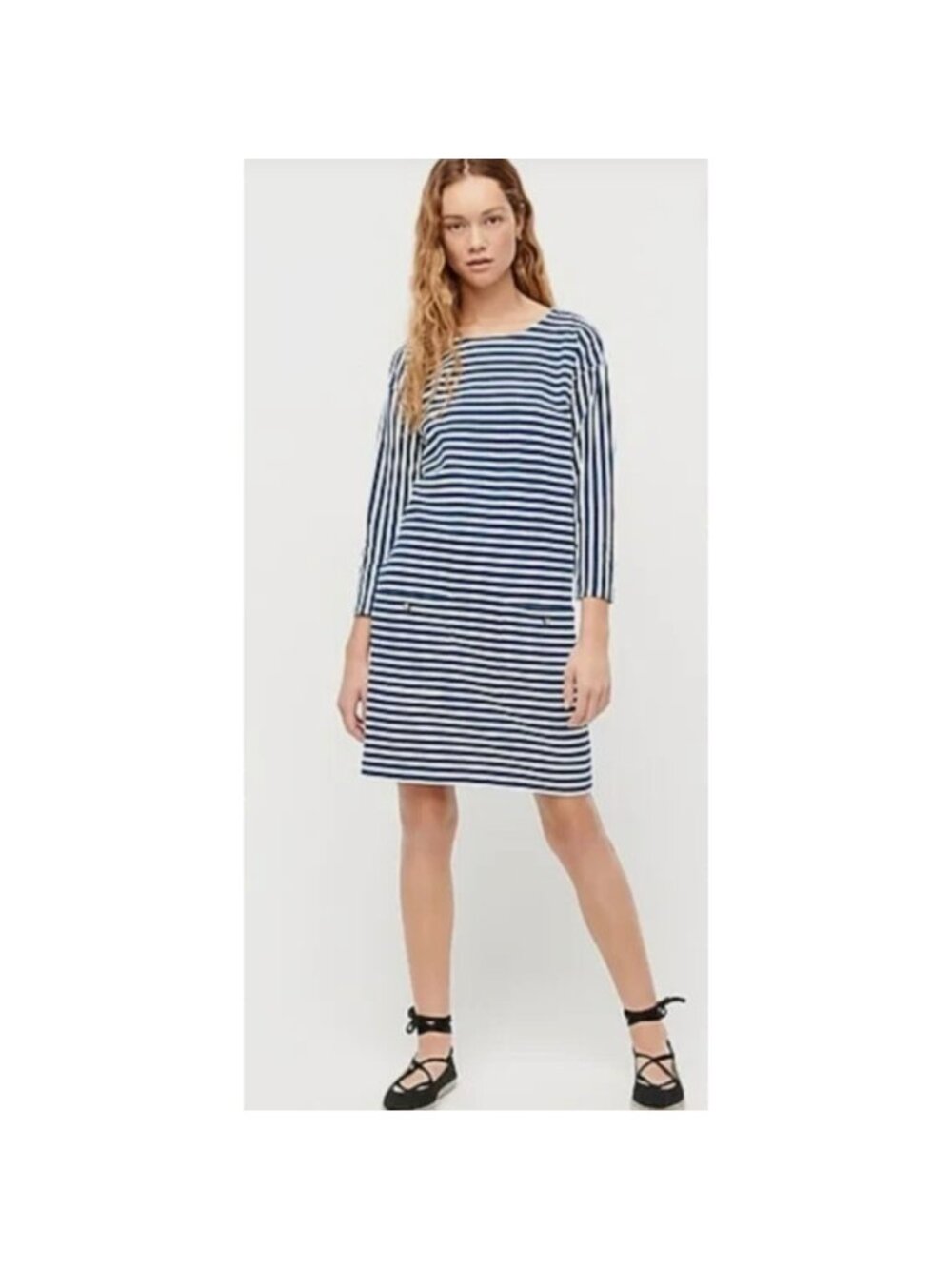 J.Crew Striped Knit Shift Dress Womens M Navy 3/4 Sleeve Cotton NWT